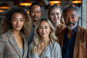 Fototapeta premium A tight-knit group of diverse colleagues posing together, representing inclusivity and collaboration in a modern workplace