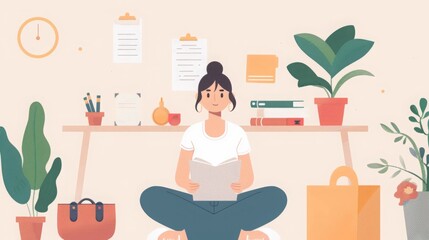 A woman meditates cross-legged with a serene expression in a cozy home office adorned with plants and decor.