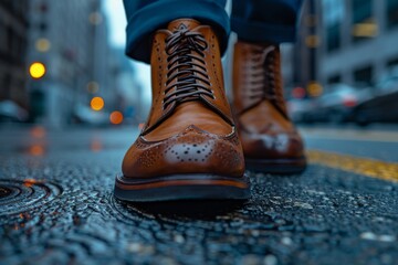 Close-up image of someone wearing brogue leather boots on a wet city street with blurred background