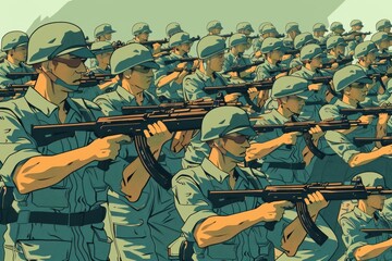 A group of men in uniforms holding guns, suitable for military or security concepts