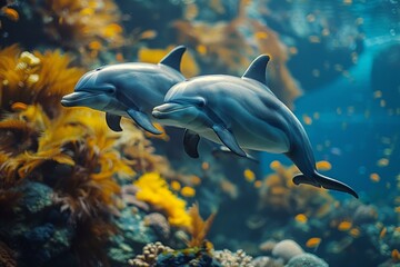 Obraz premium The image captures the lively essence of two dolphins in a vibrant underwater habitat, invoking a sense of wonder and curiosity