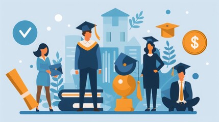 Animated graduation scene depicting students in gowns and caps with educational icons and confetti.