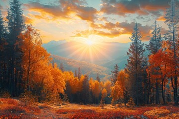 Fototapeta premium A beautiful autumn day with a bright sun shining through the trees