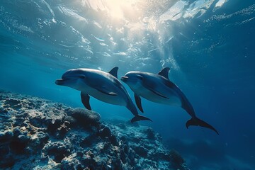 Obraz premium Brilliant sunlight illuminates two dolphins engaging with each other in the vast, serene ocean, highlighting their dynamic motion