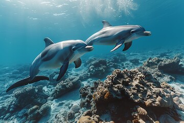 Smiling dolphins captured among a rich coral seascape evoke a sense of exploration and the beauty of marine ecosystems