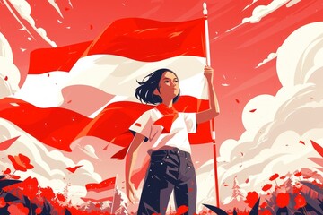 illustration of a girl holding an Indonesian flag on Independence Day, 17 August 1945, generative ai