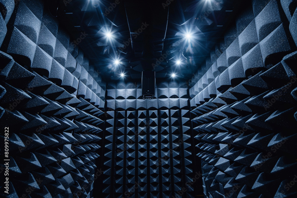 Wall mural overhead shot of a soundproof booth, the acoustical foam ceiling dotted with led lights, casting an 