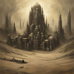 Ancient city swallowed by sands, fragments of magnificent architecture peeking through dunes. Cinematic interpretation