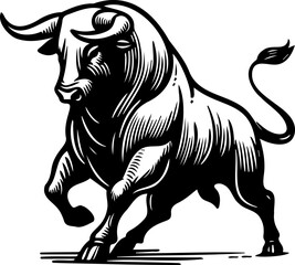 Minimalist black and white vector drawing of a bull