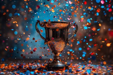 A shiny trophy cup surrounded by falling colorful confetti signifies celebration of an achievement on a glittery background