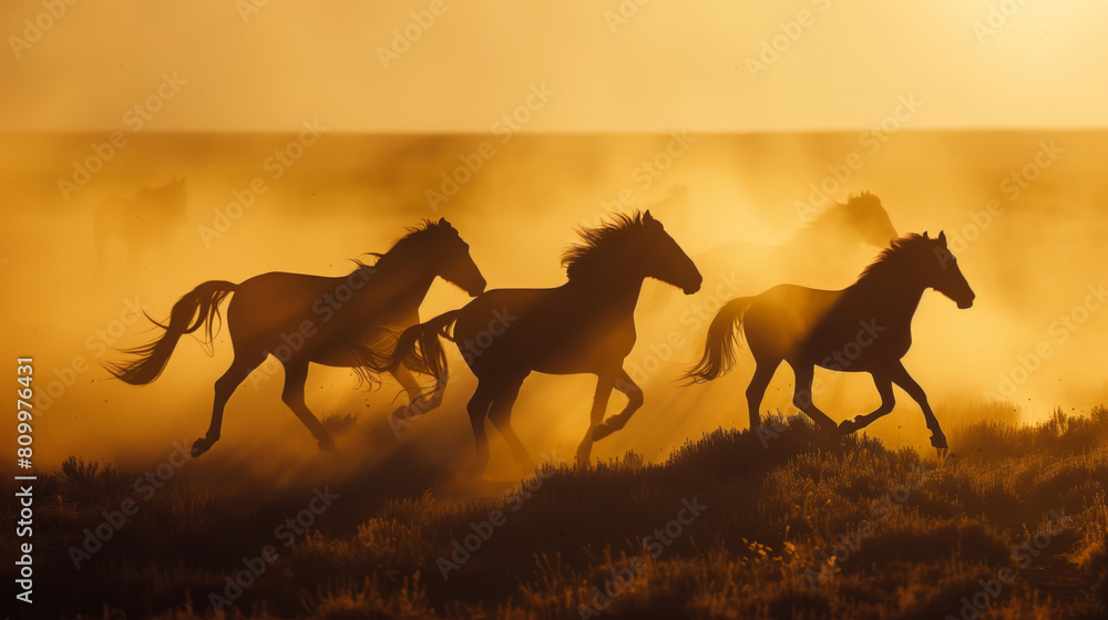 Poster three horses running in the desert with the sun setting in the background. horses are silhouetted ag