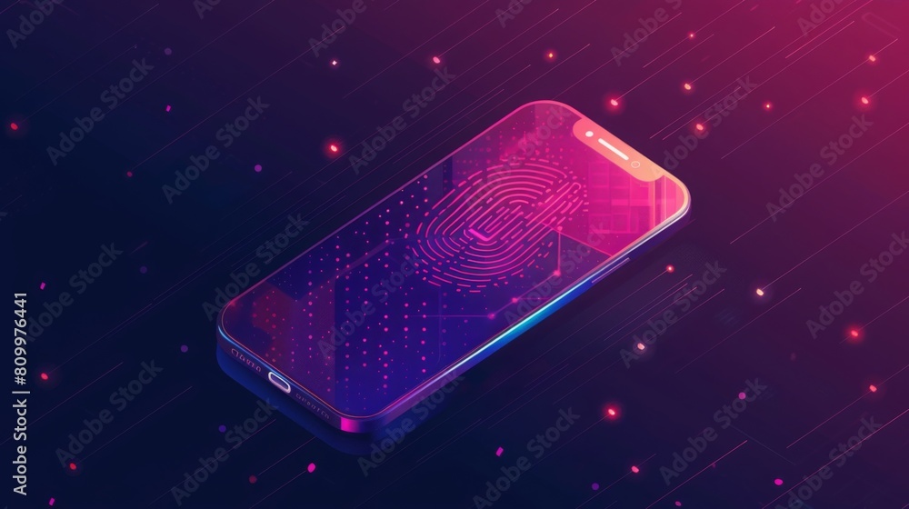 Poster a modern smartphone displaying an advanced fingerprint authentication interface with glowing neon pa