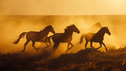 Three horses running in the desert with the sun setting in the background. horses are silhouetted against the sky, creating a sense of motion and energy. silhouette of a horses running through dust - Powered by Adobe