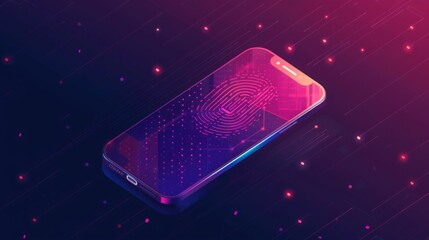 A modern smartphone displaying an advanced fingerprint authentication interface with glowing neon particles.