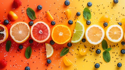 A variety of fresh fruits cut in half, displaying their vibrant colors and textures, arranged on a...