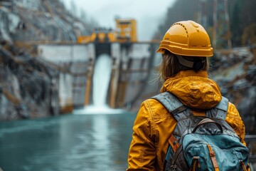 Safety-clad worker observes the mighty water flow from a large hydroelectric dam surrounded by autumn foliage