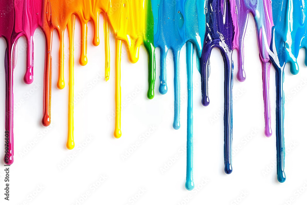 Poster paint colorful liquid flowing and dripping on white isolate background with copy space. rainbow colo