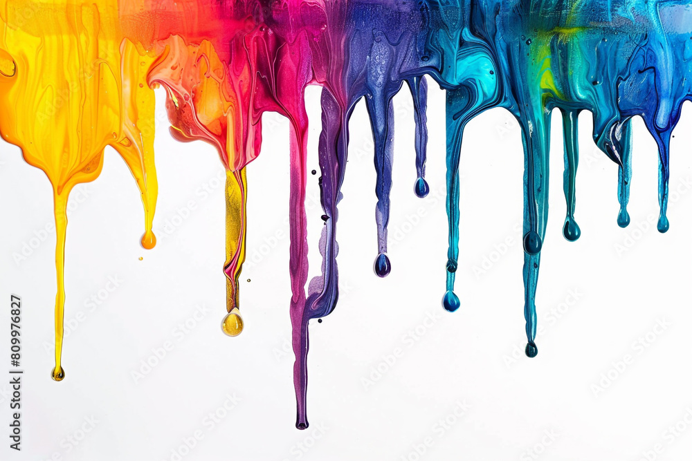 Poster paint colorful liquid flowing and dripping on white isolate background with copy space. rainbow colo