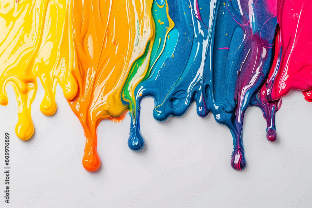 Poster paint colorful liquid flowing and dripping on white isolate background with copy space. rainbow colo