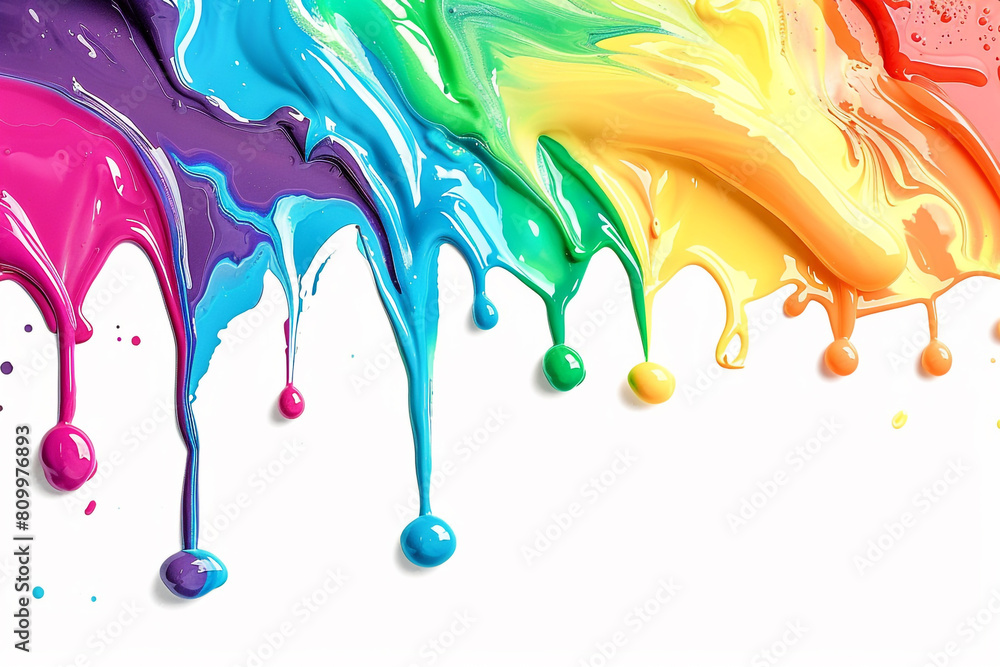Poster paint colorful liquid flowing and dripping on white isolate background with copy space. rainbow colo