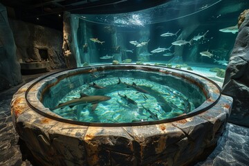 Fototapeta premium Graceful sharks glide through the water in a large tank with a viewing area at an aquarium, thereby endless fascination
