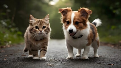 A cute couple of furry friends little cat and a mischievous little dog