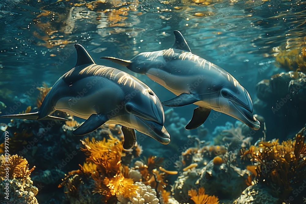 Wall mural This vibrant image shows two dolphins amidst a sunbeam-drenched underwater scene full of life and color - Wall murals