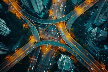 Aerial bird's eye view of an automobile intersection in the city