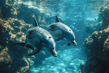Obraz premium A captivating portrayal of two dolphins enjoying a swim under the sea with beautiful light rays illuminating their path
