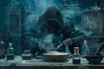 The medieval alchemist make magic ritual at the table in his smoke laboratory. Halloween concept