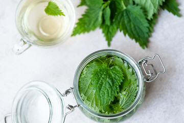 Homemade herbal remedy nettle tincture. A glass jar with nettle leaves on white table. Weight loss...