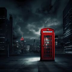 A classic red phone booth against a modern city background