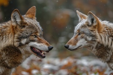 Fototapeta premium Intense stare-down between two majestic wolves in a snowy forest, showcasing nature's raw beauty and hierarchy