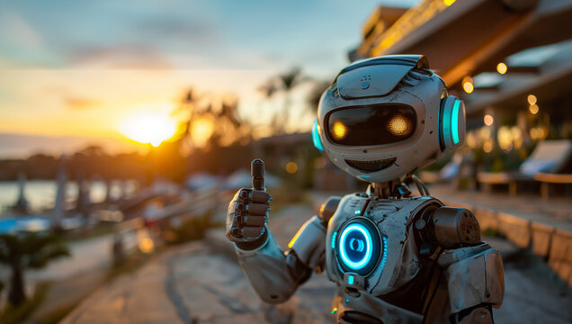 A smiling customer service worker wearing headphones, adorable robot with blue and white color, green sound waves across his face, he is holding green