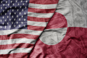 big waving colorful flag of united states of america and national flag of greenland on the dollar...