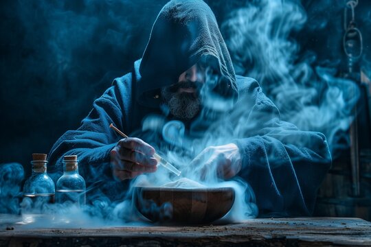 The medieval alchemist make magic ritual at the table in his smoke laboratory. Halloween concept