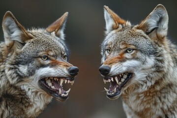 Fototapeta premium An intense moment captured as two wolves fiercely gaze into each other's eyes showing their teeth