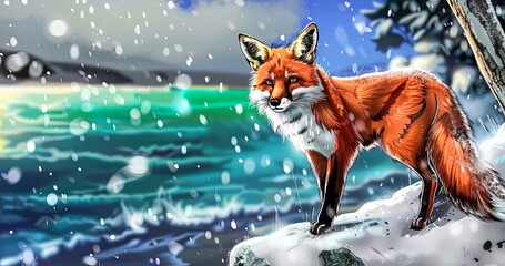A beautiful red fox stands on a snow-covered rock in the middle of a frozen lake, surrounded by snow-covered trees. The fox is looking at the camera with a curious expression.