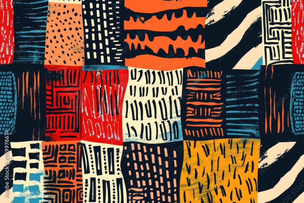 Poster a vibrant patchwork pattern with various colors and designs. ideal for backgrounds or textile design