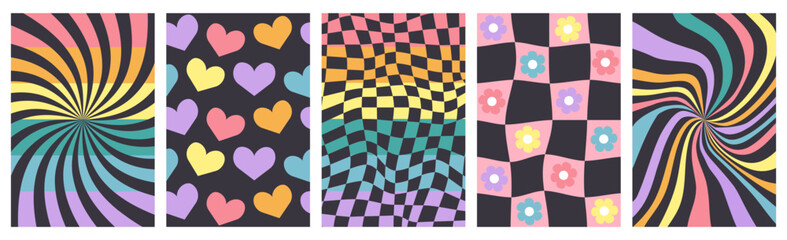 Rainbow groovy poster set. Psychedelic distorted pattern collection for banner, greeting card, party. LGBT Pride month. Trendy retro vector illustration isolated on dark background