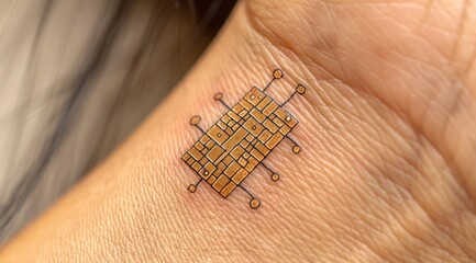 A gold circuit board tattoo on a person's wrist.