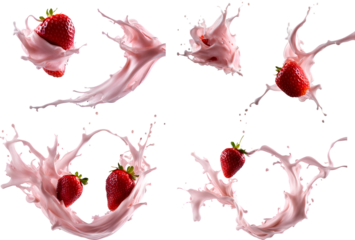A set of strawberry milk splash isolated on transparent background