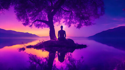 Breathtaking landscape with meditating male under tree, third eye light, aura glow, binural vibrations, lucid dreams. Abstract surreal anime