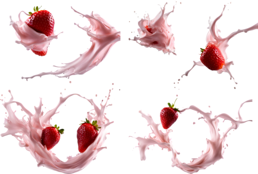 A set of strawberry milk splash isolated on transparent background - Powered by Adobe