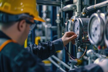 Man in hard hat working on machine, suitable for industrial concepts