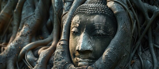Weathered Buddha Head Entwined in Ancient Tree Roots at Wat Mahathat s Enigmatic Ruins