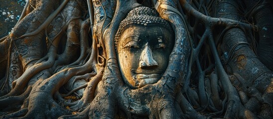 Enigmatic Buddha Head Enveloped in Ancient Tree Roots at Mysterious Historic Temple Ruins