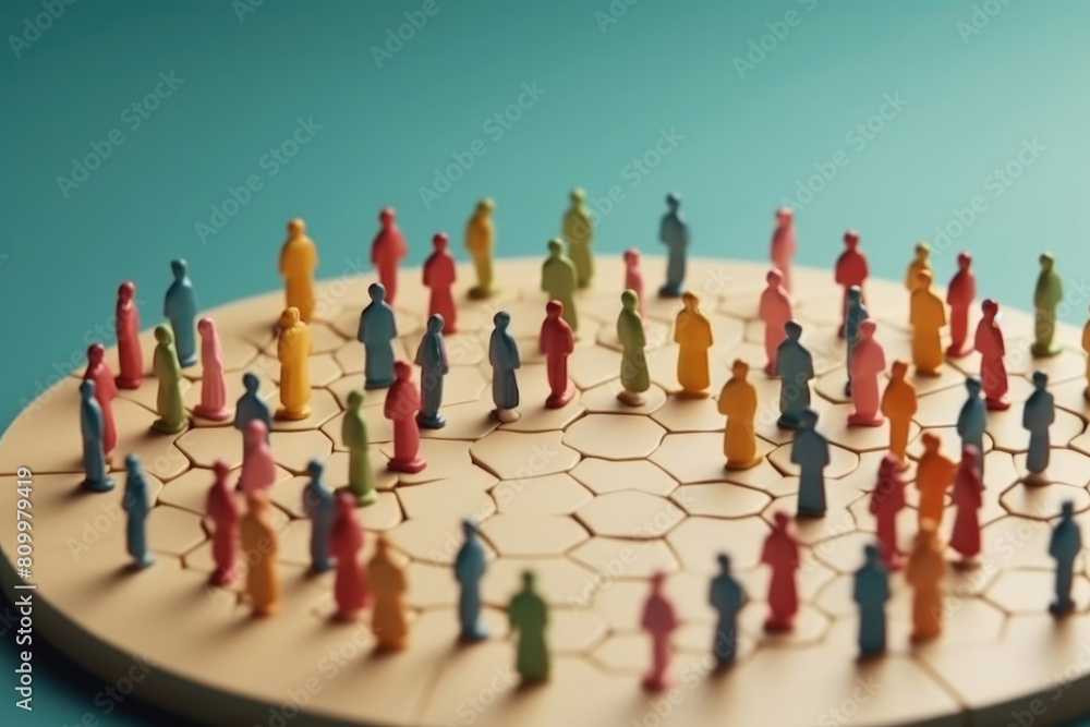 Poster a group of tiny figures standing on a circular platform, illustrating teamwork and unity in a confin