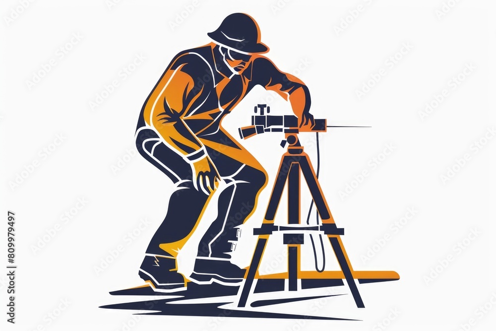 Poster a construction worker using a laser level to measure the height of a building. perfect for construct