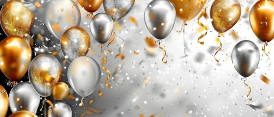 Gold, silver, and black balloons with streamers and confetti.